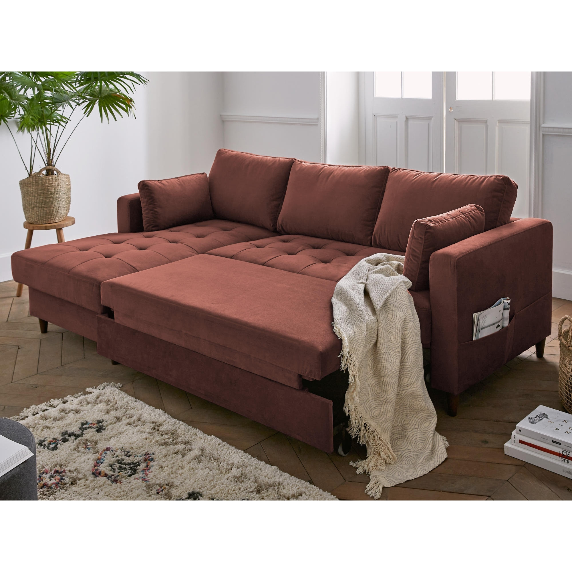 Anna - canapé d'angle gauche - 4 places - convertible avec coffre - en velours - Rose