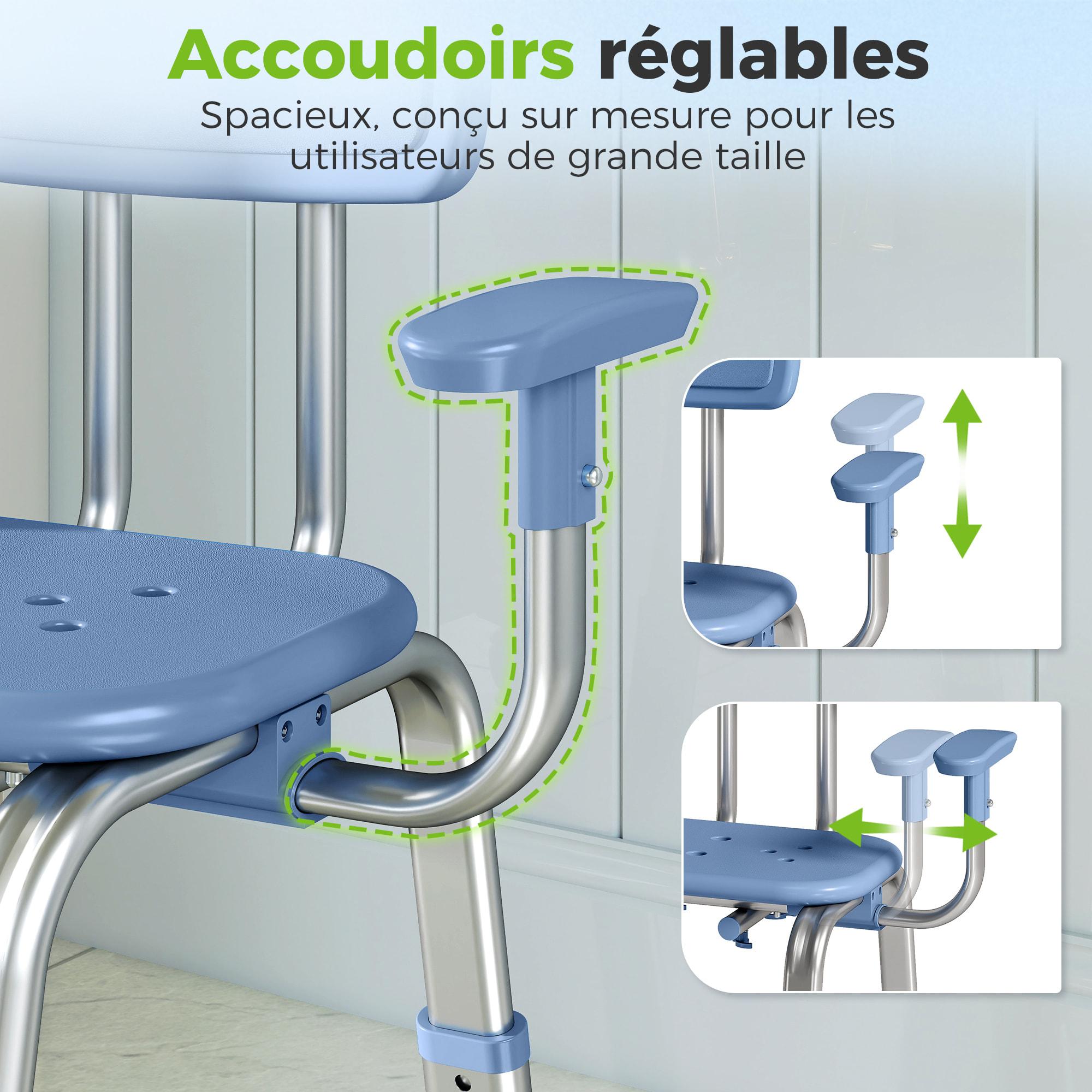 Chaise de douche réglable avec accoudoirs dossier alu HDPE bleu
