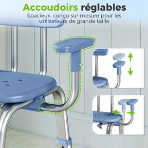 Chaise de douche réglable avec accoudoirs dossier alu HDPE bleu