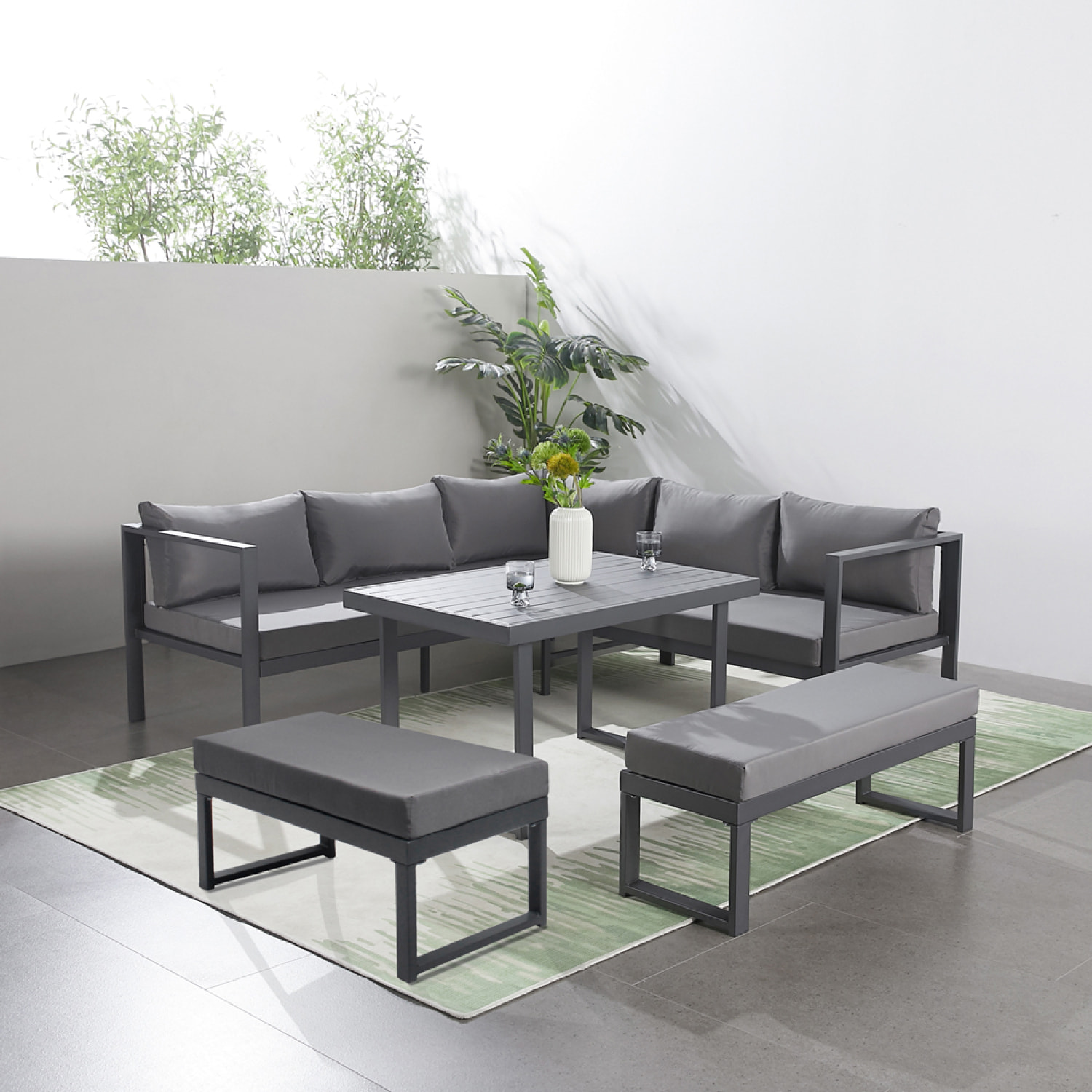 SATIPO Salon de jardin gris foncé 7/9 places canapé + 2 bancs