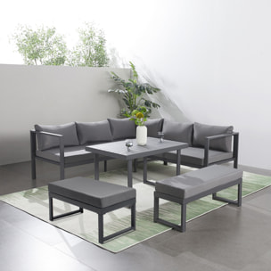 SATIPO Salon de jardin gris foncé 7/9 places canapé + 2 bancs