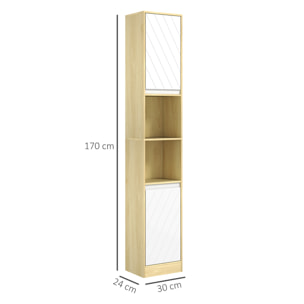 Colonne meuble salle de bain style cosy H.170 cm 2 portes étagère 2 niches effet bois clair blanc