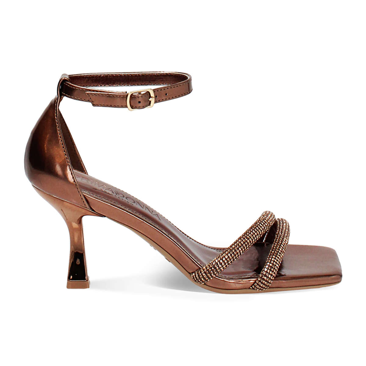 Sandali donna rame in laminato con pietre, tacco 7,5 cm