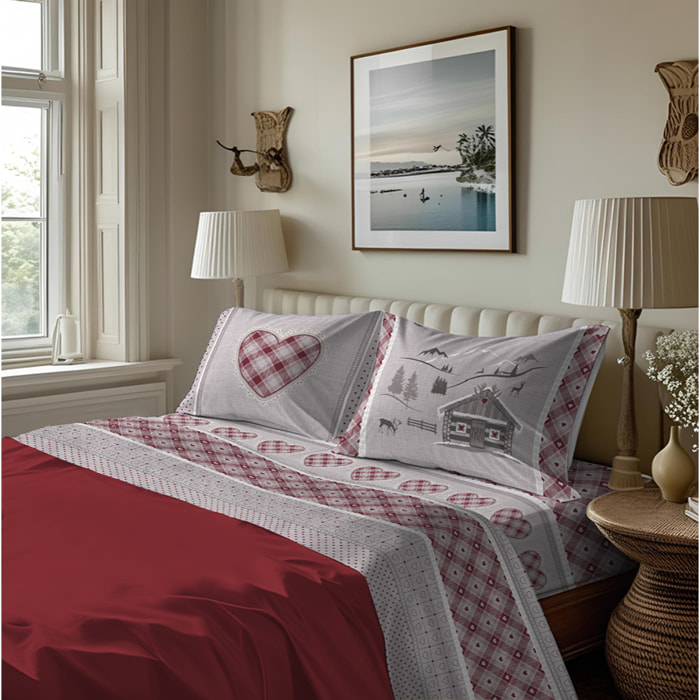 Completo letto in flanella chalet rosso flanella 100% cotone