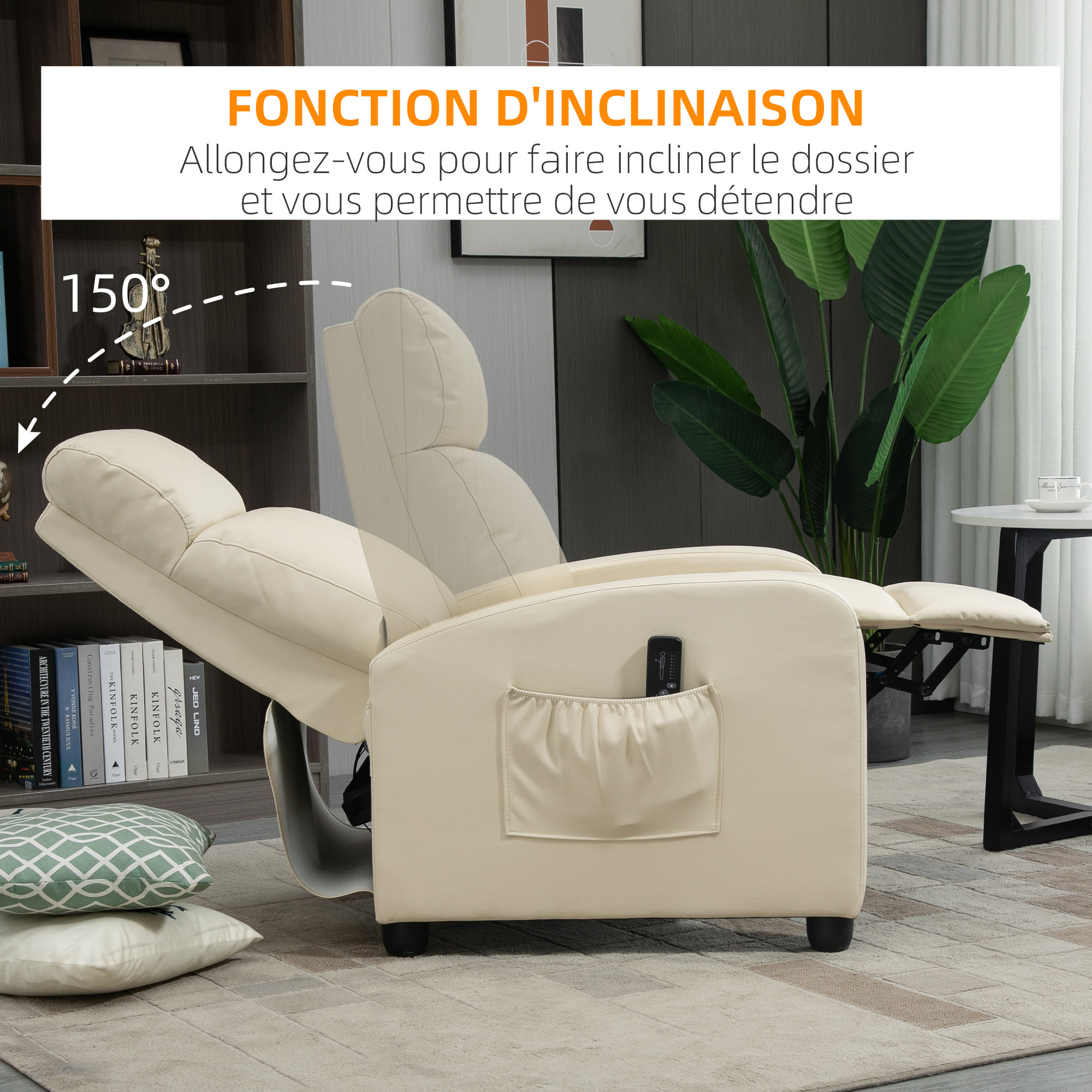 Fauteuil de relaxation et massage inclinaison dossier repose-pied réglable revêtement synthétique crème