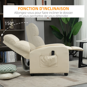 Fauteuil de relaxation et massage inclinaison dossier repose-pied réglable revêtement synthétique crème