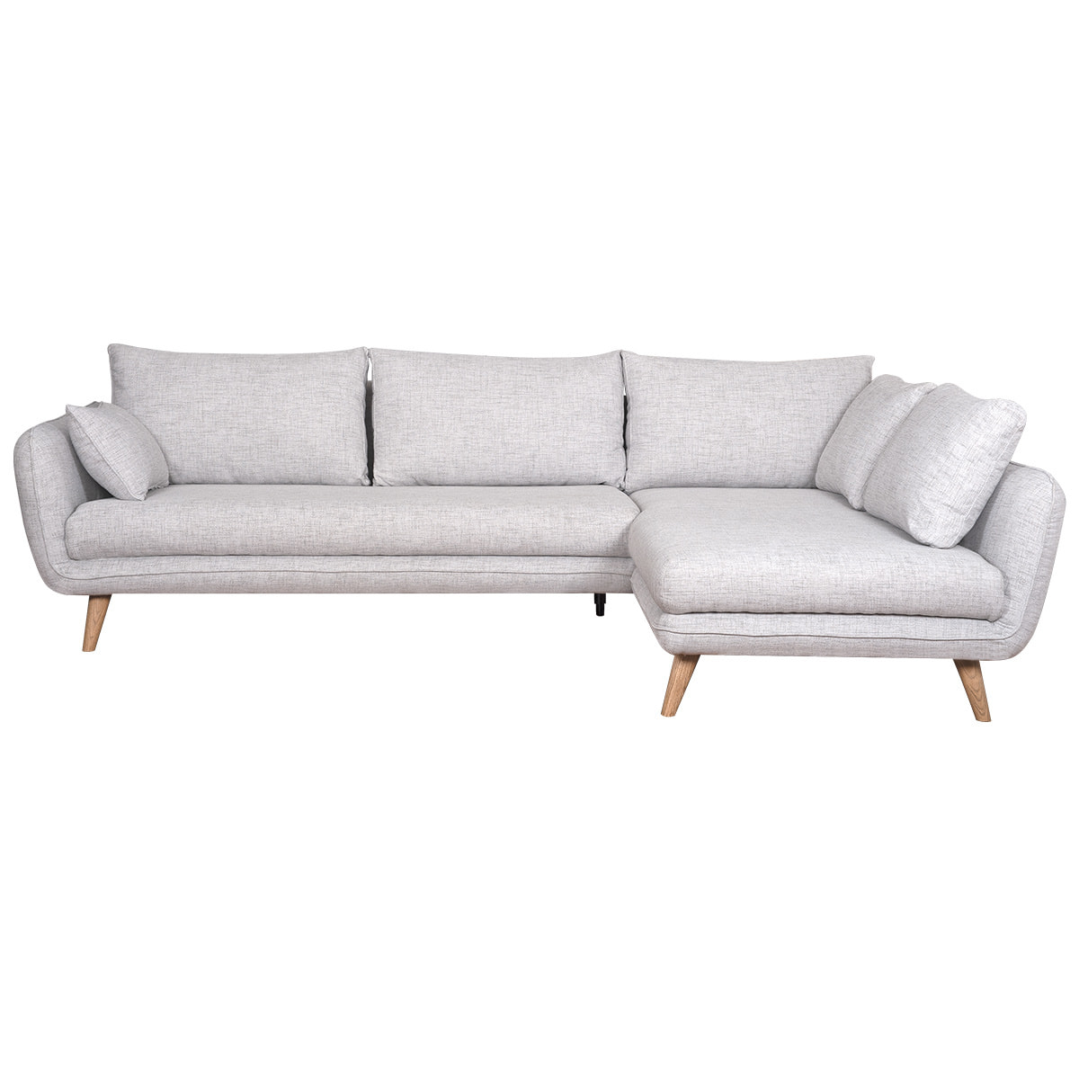 Canapé d'angle droit scandinave 5 places en tissu gris clair chiné et bois clair CREEP