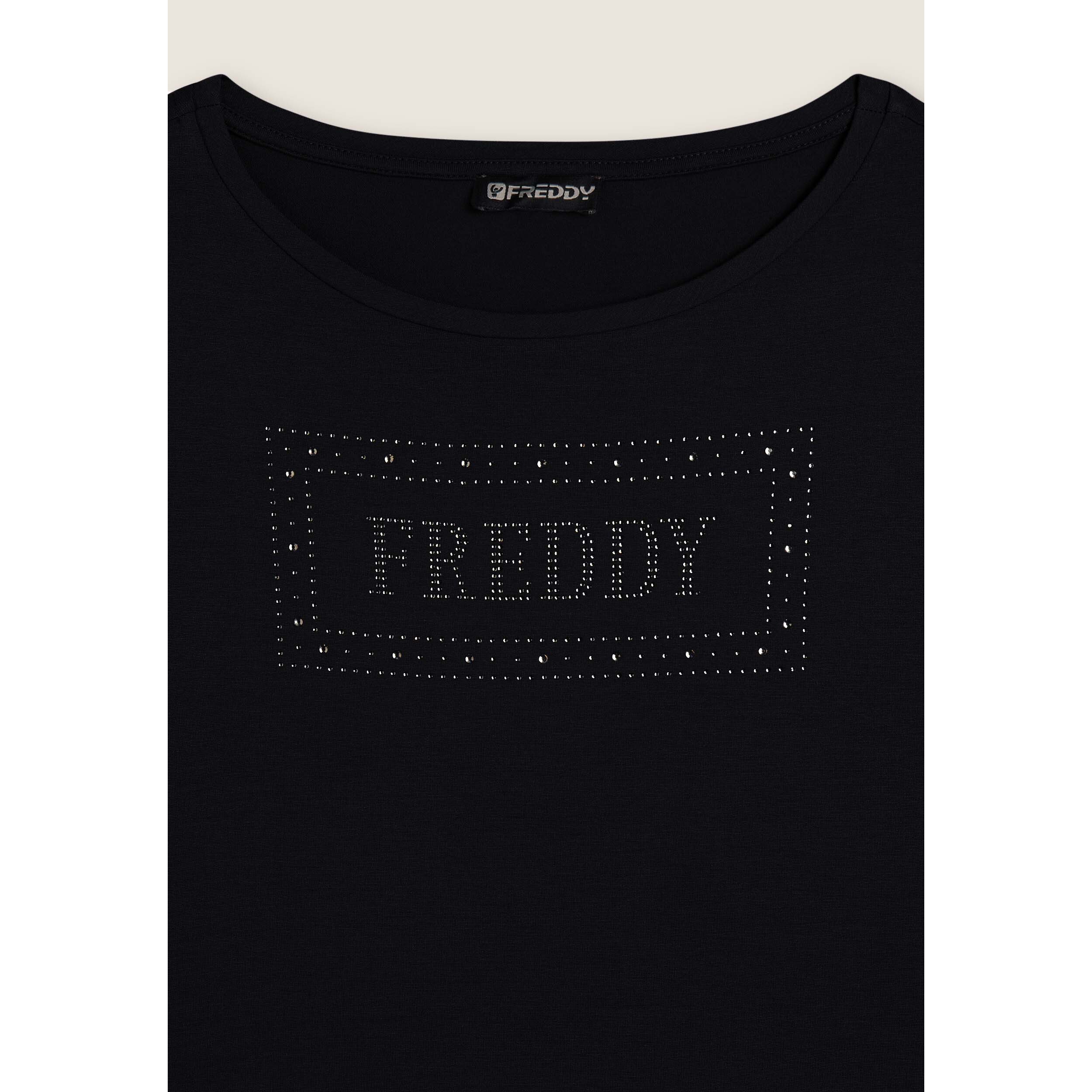 T-shirt donna con logo strass e glitter