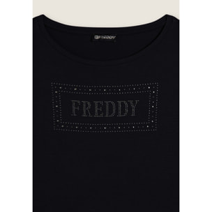 T-shirt donna con logo strass e glitter