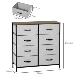 Commode meuble de rangement 8 tiroirs pliables châssis acier noir plateau aspect bois non tissé gris