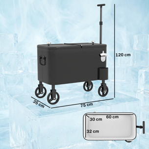Carrito Nevera de 56L con Ruedas, Carro de Bebidas con Mango Ajustable, Abrebotellas, Recogetapas, Drenaje y Asa, Mesa Nevera Jardín Exterior para Patio, Fiesta, BBQ, 75x35x120 cm, Negro