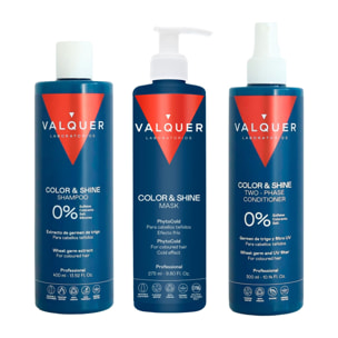 Valquer Pack Potenciador color y brillo. Champú 400 ml + Ice Hair Mask 300 ml + Acondicionador bifásico 300 ml