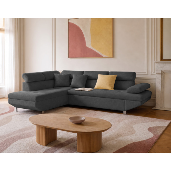Margaux - Canapé d'angle gauche 5 places convertible avec coffre et têtières réglables en velours texturé - Gris