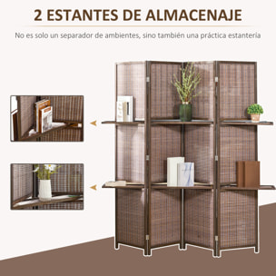 Biombo de 4 Piezas de Bambú Separador de Ambientes Plegable con 2 Estantes Extraíbles Divisor de Habitaciones Dormitorio 180x180 cm Marrón