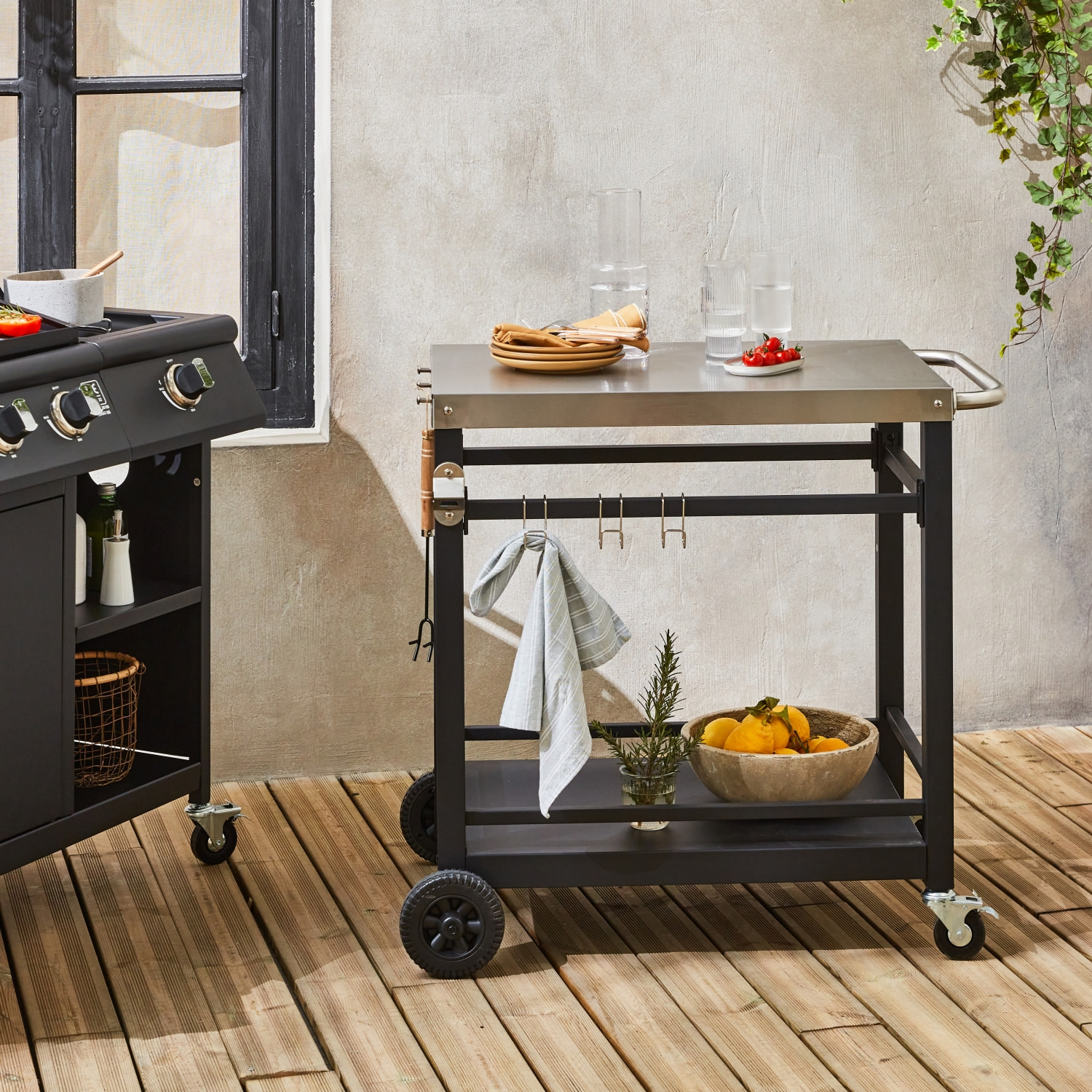 Desserte de barbecue acier 88cm avec roues et poignée COLBERT