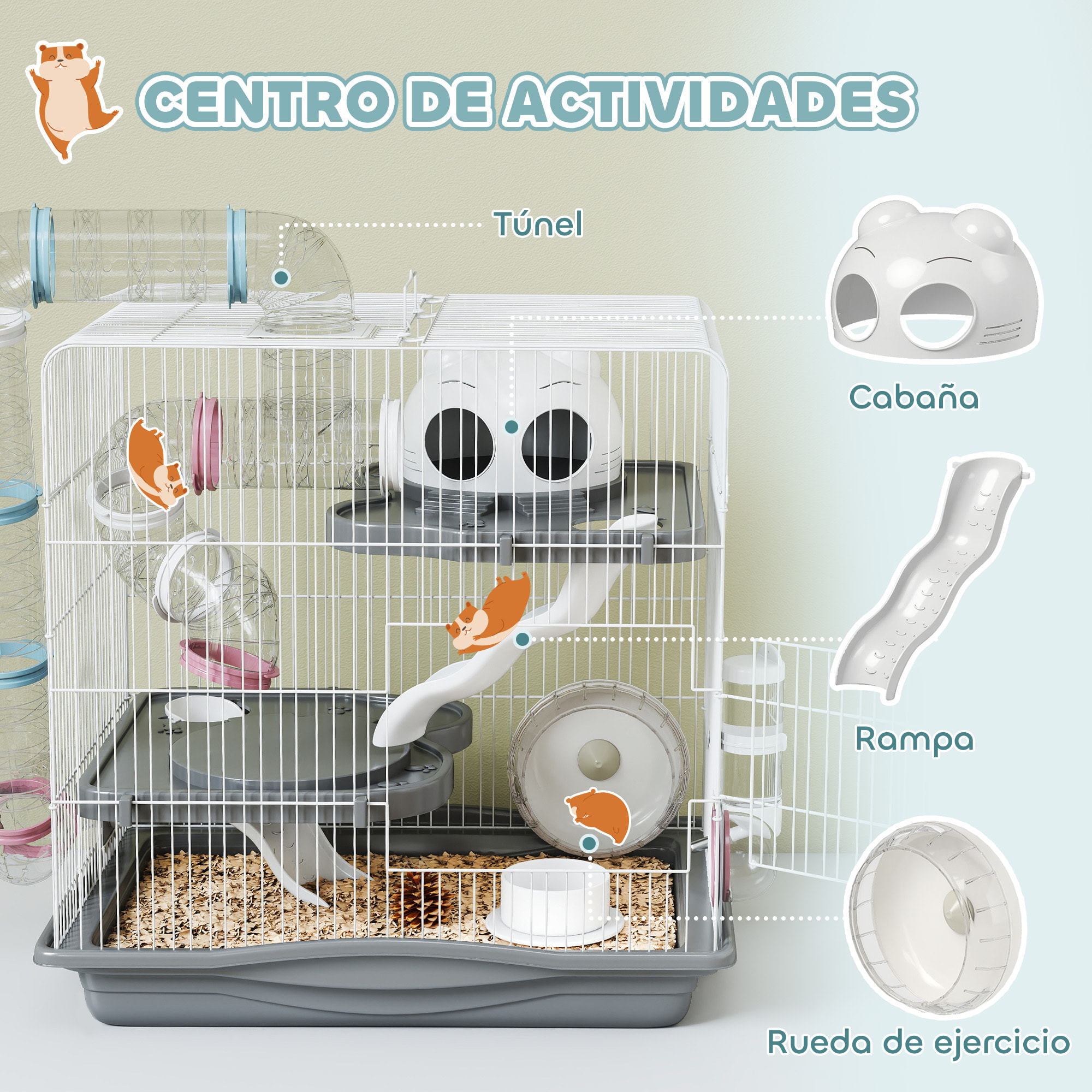 Jaula para Hámster, 45x30x45 cm, Casa para Animales Pequeños con Túnel, Plataformas, Cuenco, Bebedero, Casita, Rampas y Rueda de Ejercicio, para Hámsteres Enanos, Jerbos, Gris