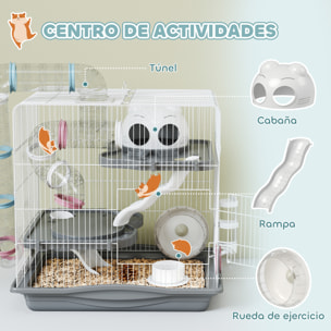 Jaula para Hámster, 45x30x45 cm, Casa para Animales Pequeños con Túnel, Plataformas, Cuenco, Bebedero, Casita, Rampas y Rueda de Ejercicio, para Hámsteres Enanos, Jerbos, Gris