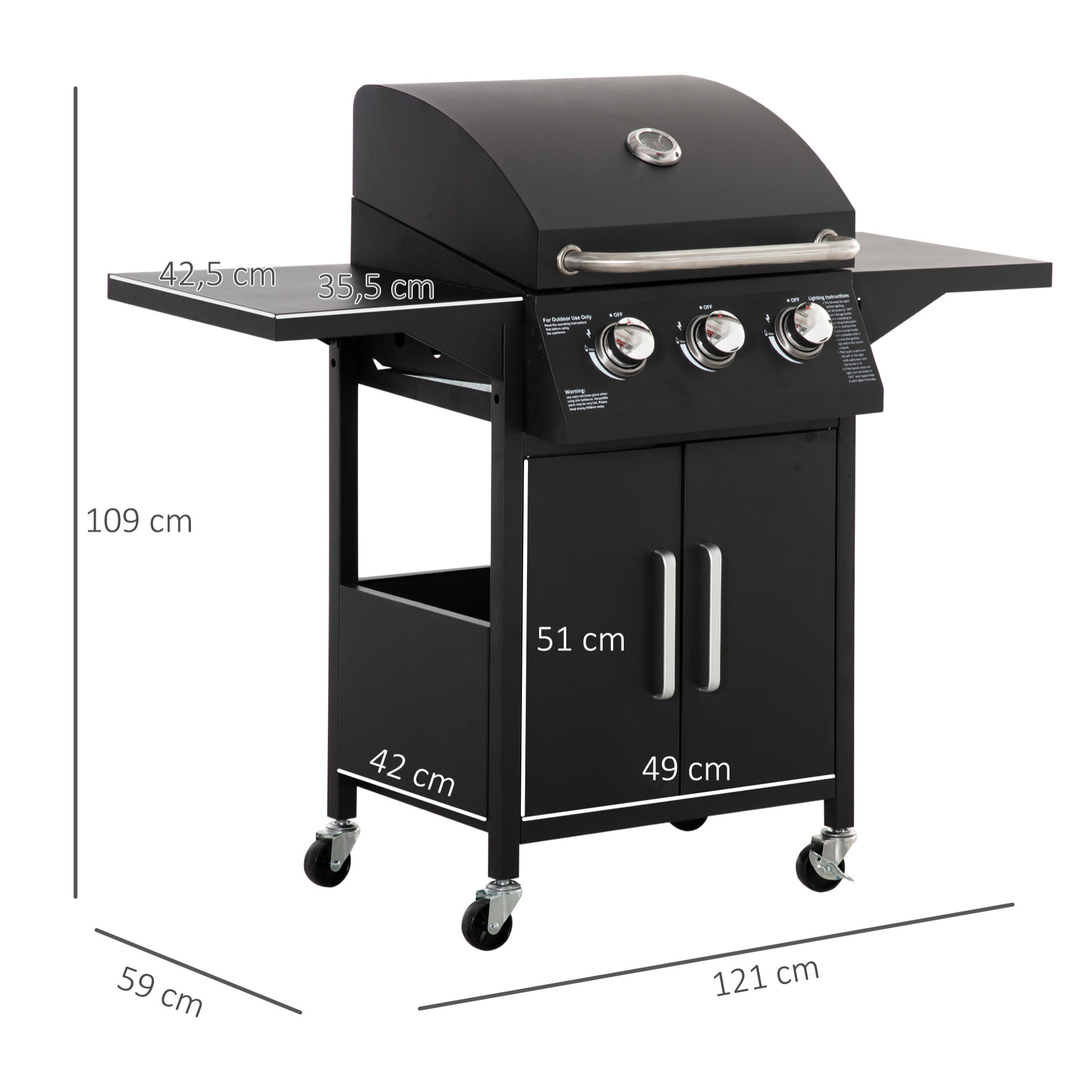 Barbacoa de Gas con 3 Quemadores 8,7 KW Termómetro 2 Parrillas de Gas con 2 Mesas Laterales Armario de 2 Puertas 4 Ruedas y Frenos Acero al Carbono para BBQ 121x55x109 cm Negro