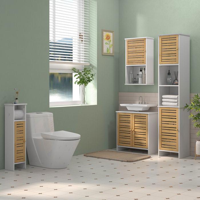 Columna de Baño Moderna Mueble Auxiliar de Baño Armario de Baño con Estantes Ajustables y Puertas de Bambú Anti-vuelco 35x30x170 cm Blanco y Natural