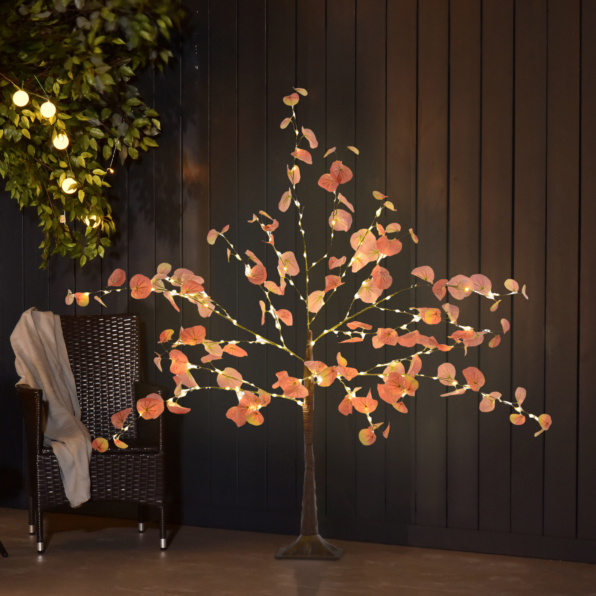 Árbol de Eucalipto Otoñal Artificial 120 cm Lámpara de Árbol con 175 Luces LED y Base Decoración Navidad para Interiores y Exteriores Naranja