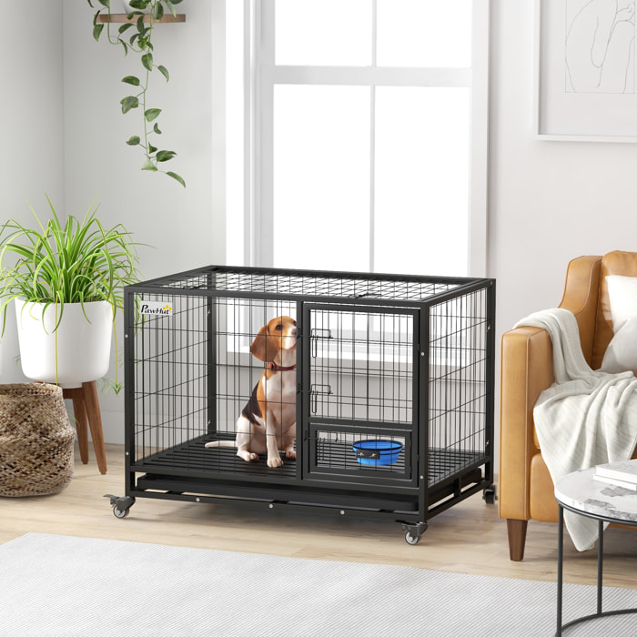 Jaula para Perros Jaula para Perros Grandes con Tapa Superior Abatible Soporte de Cuenco Bandeja Extraíble Ruedas y Puerta Doble Desmontable 109x72x79 cm Negro