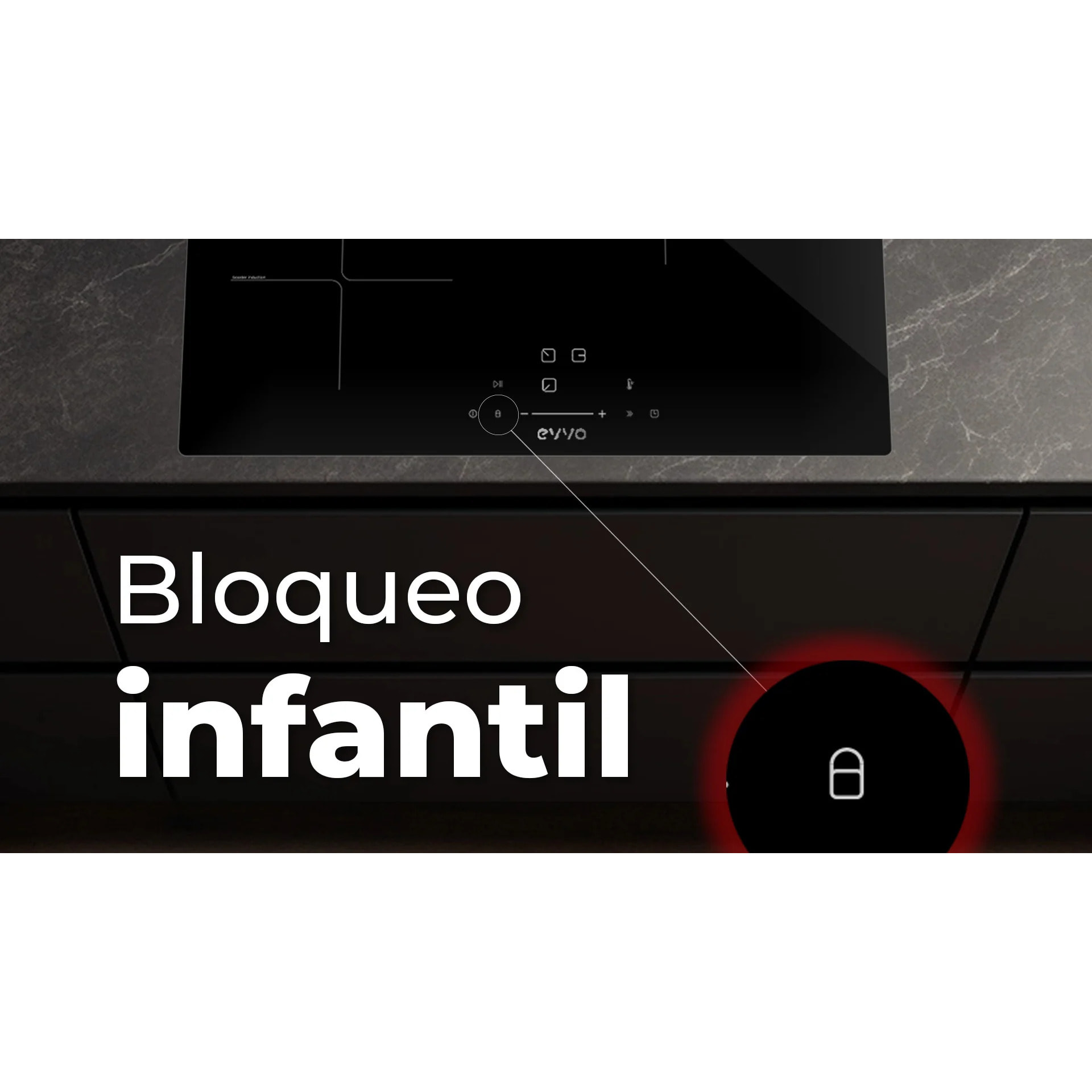 EVVO Placa Inducción 3 zonas de cocinado V61, Potencia máxima 7.200W, 9 niveles, máx diámetro 30 cm, booster, control táctil, indicador de calor