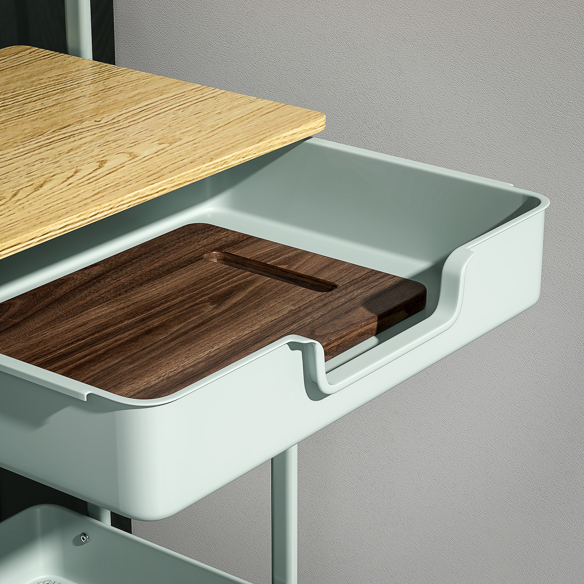 Carrito Auxiliar con Ruedas de 2 Niveles Carro de Cocina con 1 Cajón y 1 Cesta Carrito Organizador para Dormitorio Salón Oficina Verde Claro