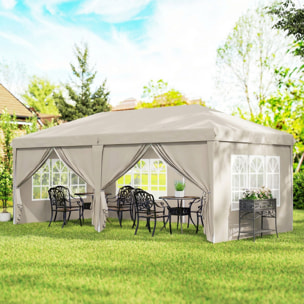 Tonnelle barnum pliant pop-up imperméabilisé 5,85L x 2,95l x 2,7H m 6 parois latérales amovibles 4 fenêtres + sac de transport beige