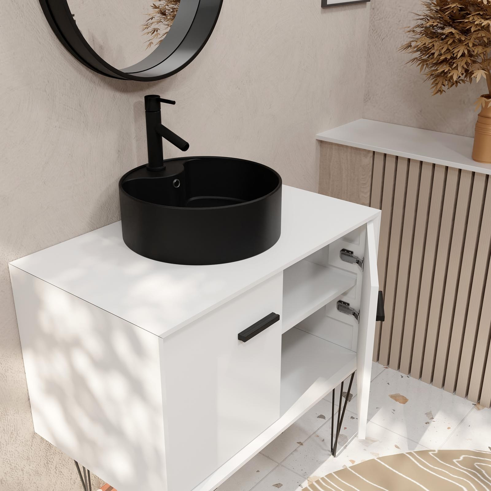 Meuble Salle de Bains 80cm Blanc et Noir sur pieds - 2 portes - Vasque Ronde et Miroir Barbier Noir