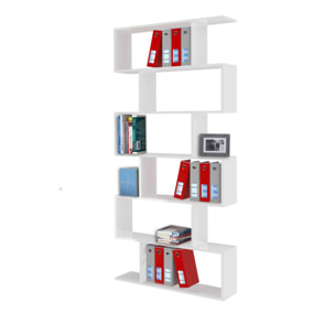 Libreria alta a zig zag a 6 scaffali aperti, Made in Italy, Scaffale per libri e documenti, Libreria da ufficio, cm 80x25h192, colore Bianco lucido