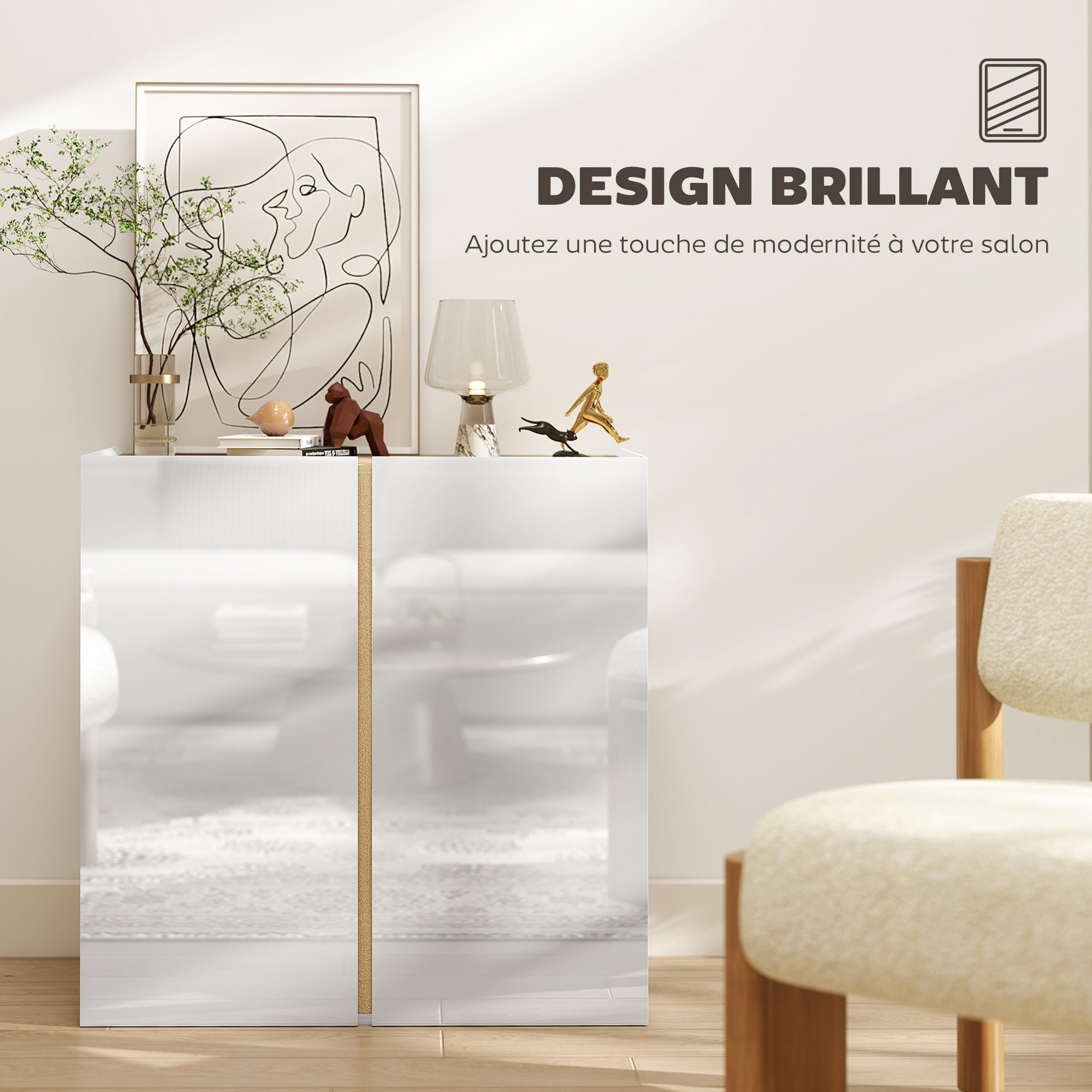 Buffet blanc laqué, meuble de rangement avec 2 portes et étagère réglable, 80 x 40 x 80 cm, blanc