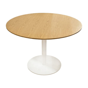 Table de repas ronde 110 cm plaqué chêne et pied métal blanc - FABIO
