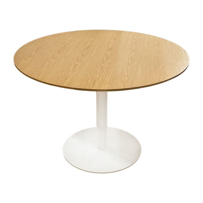 Table de repas ronde 110 cm plaqué chêne et pied métal blanc - FABIO