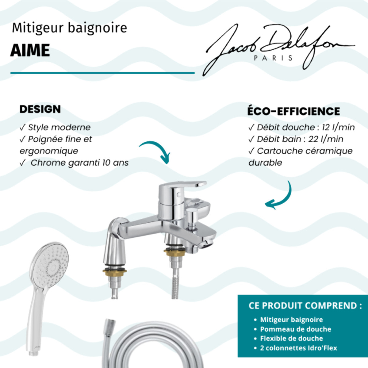 Mitigeur baignoire Aimé + pommeau de douche Juliette + flexible de douche lisse + colonnettes Idro'Flex