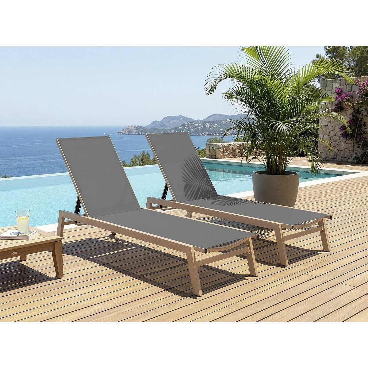 Lot de 2 bains de soleil en aluminium imitation bois "Elysia" - Gris