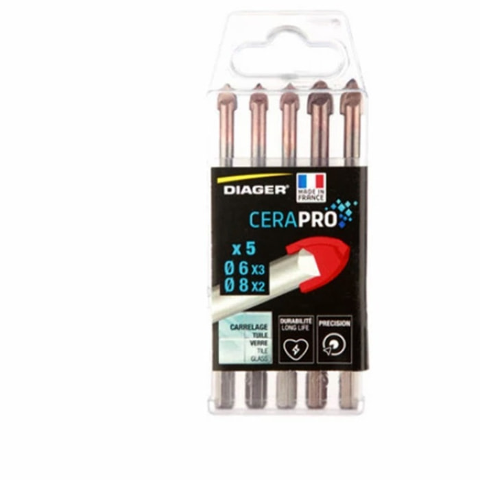 Coffret 5 forets carrelage cerapro attachement 6 pans - 3 forets Ø 6 mm + 2 forets Ø 8 mm - DIAGER - 4130A