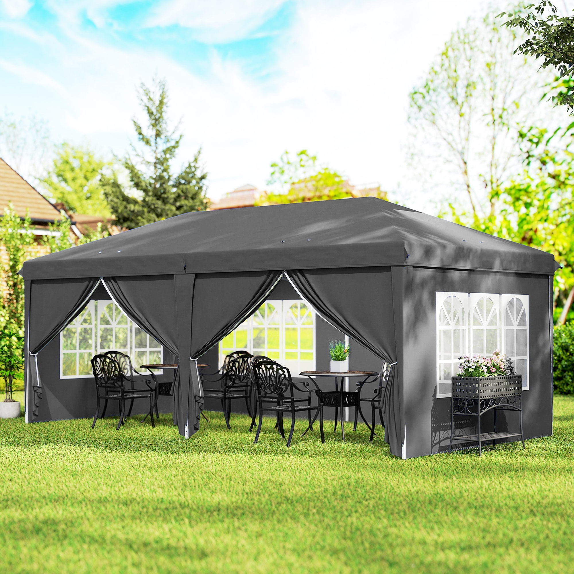 Tonnelle barnum pliant pop-up imperméabilisé 5,85L x 2,95l x 2,7H m 6 parois latérales amovibles 4 fenêtres + sac de transport anthracite