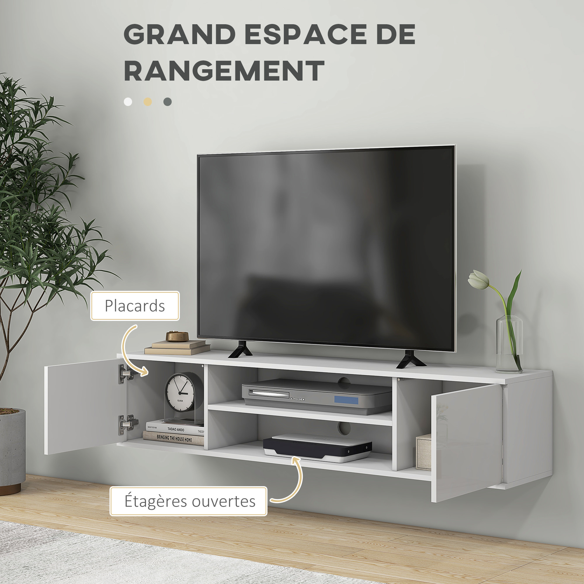 Meuble TV mural - banc TV flottant - 2 portes, 2 niches - dim. 140L x 30l x 30H cm - panneaux blanc laqué