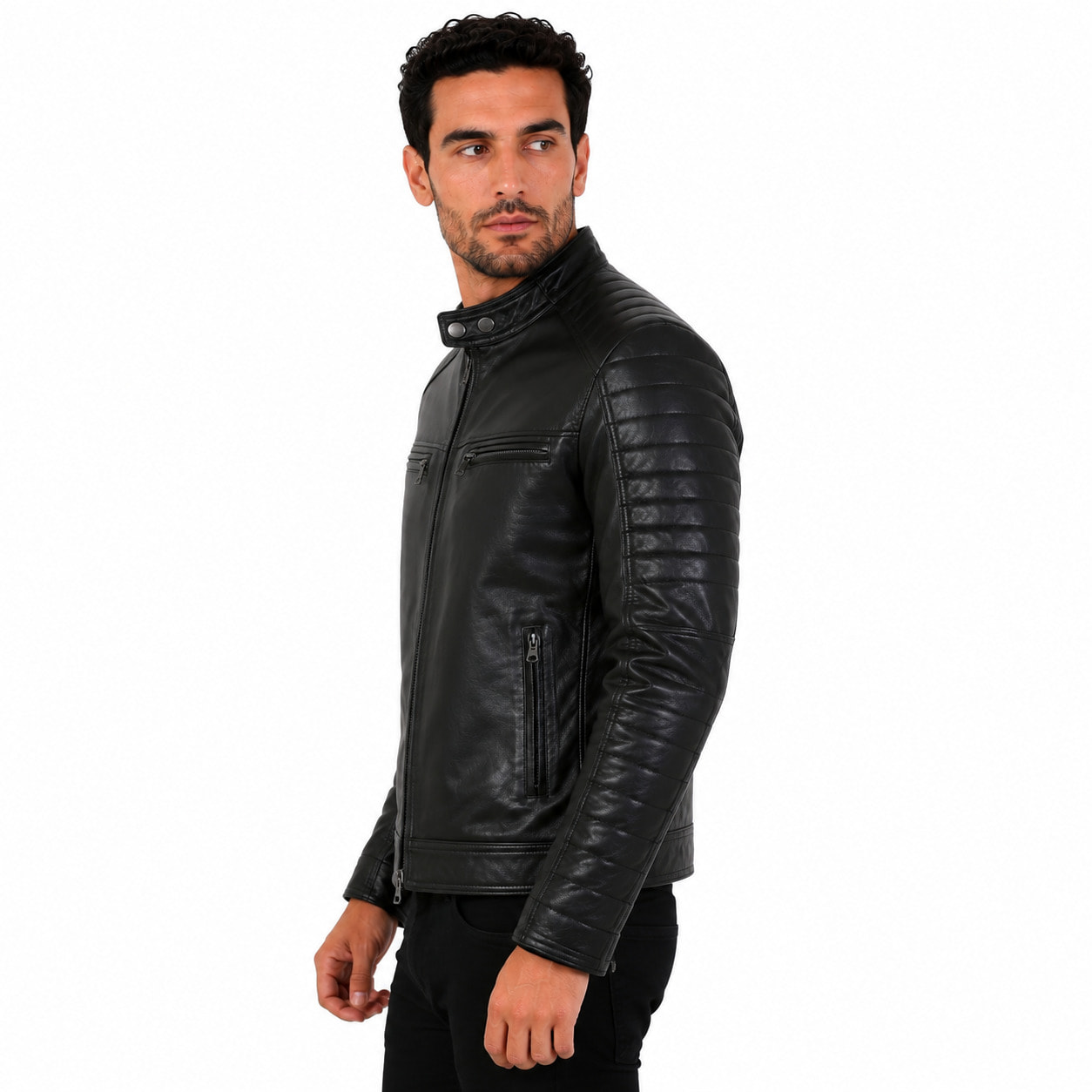 Giubbino in pelle di vitello nappa Nero-Slim Fit