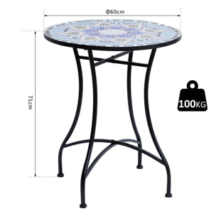 Table ronde style fer forgé bistro plateau mosaïque motif fleur métal époxy anticorrosion noir céramique