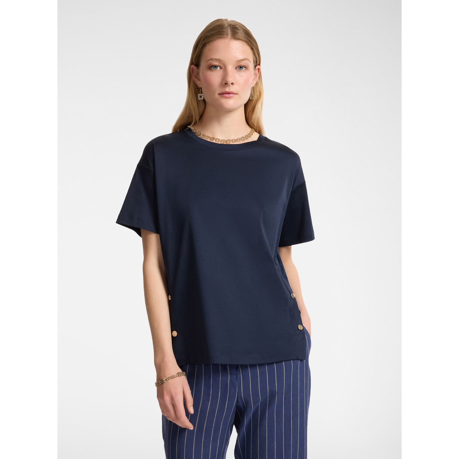 Elena Mirò - T-shirt con bottoni sugli spacchi - Blu