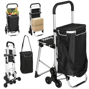 Carrito de Compra Plegable 3 en 1 de 40 L de Aluminio con Asiento Colapsable, Bolsa Térmica Extraíble, Carro de la Compra con 6 Ruedas y Asa Ajustable, para Supermercado, Negro