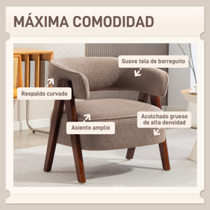 Butaca de Salón Tapizada en Borreguito, Sillón de Lectura Acolchado Grueso y Moderno, Asiento Ancho, Patas de Madera, Respaldo Curvado, para Dormitorio, Oficina, Marrón Claro