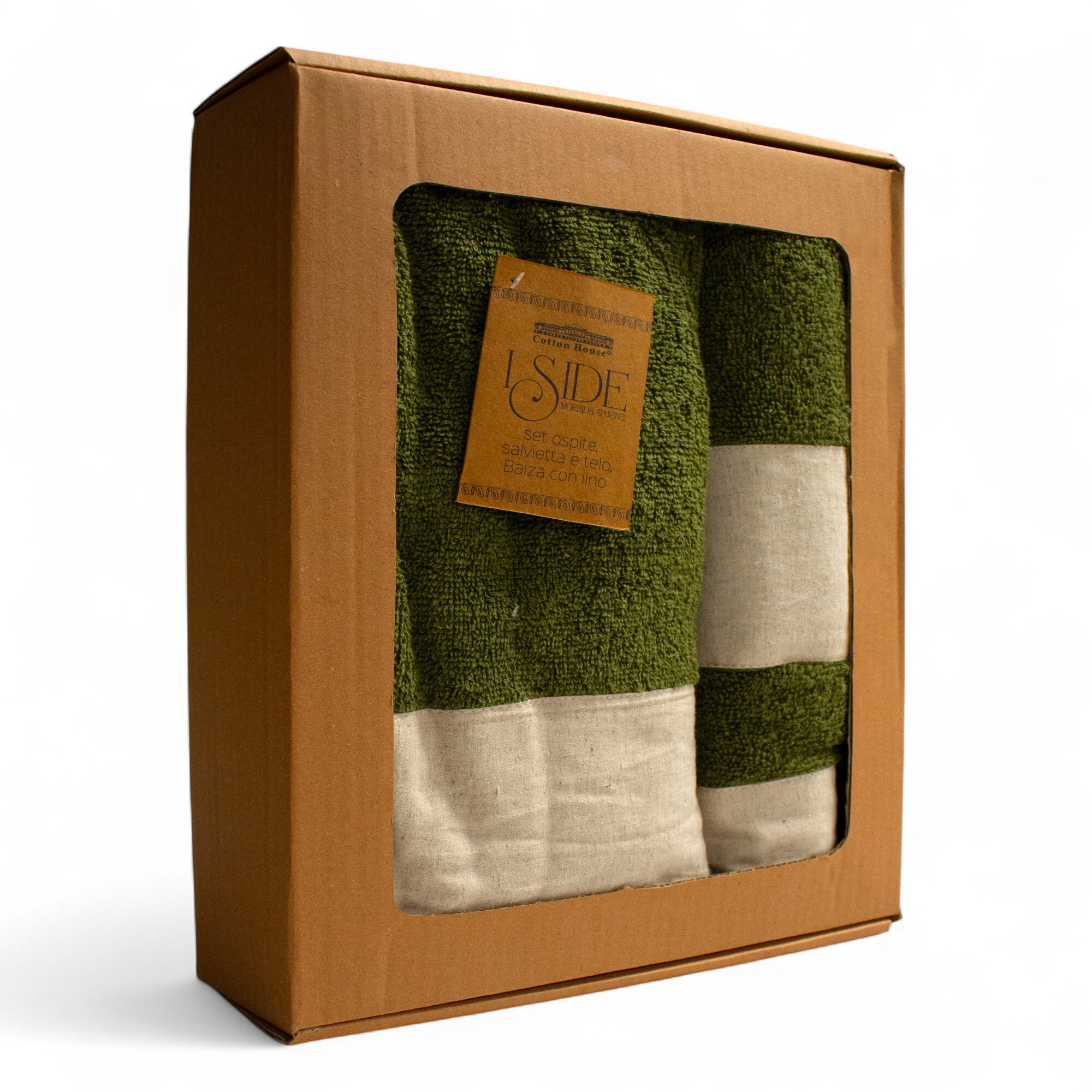 SET VISO, MANI E CORPO SPUGNA VERDE OLIVA CON BALZA IN LINO