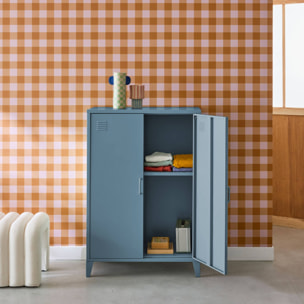 Commode/armoire en métal bleu. 2 espaces de rangement. casiers