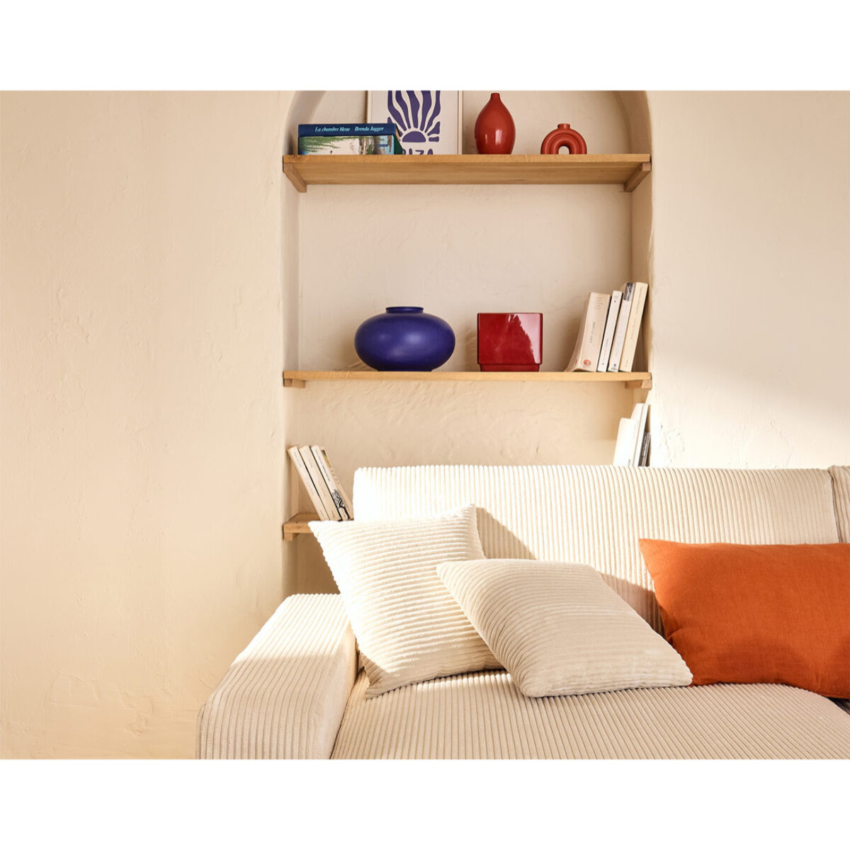 Pivoine - canapé panoramique en U - 7 places - convertible avec coffre - en velours côtelé - Beige