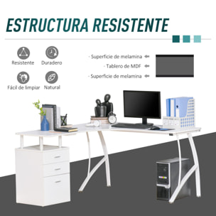 Escritorio Esquinero para Ordenador Escritorio en Forma de L con 3 Cajones Mesa Moderna para Oficina Estudio 143,5x143,5x76 cm Blanco