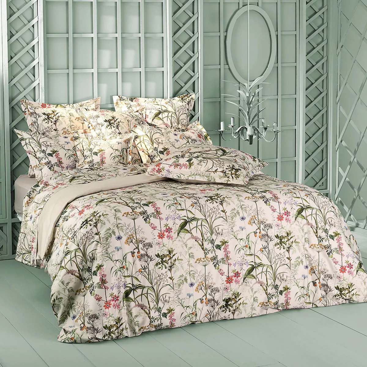 Housse de couette satin de coton imprimé beige vert rose Prairie legere beige