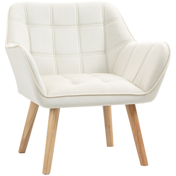 Fauteuil salon design scandinave - dossier accoudoirs enveloppant - piètement bois hévéa velours effet capitonné crème