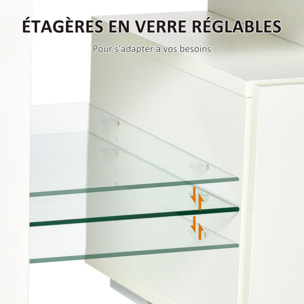 Meuble TV LED style contemporain - grand tiroir, niche, 2 étagères verre - panneaux particules MDF blanc laqué